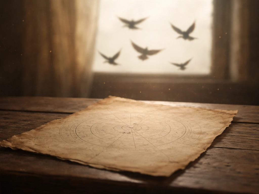Antique divination board with parchment and birds in flight symbolizing messages and luck