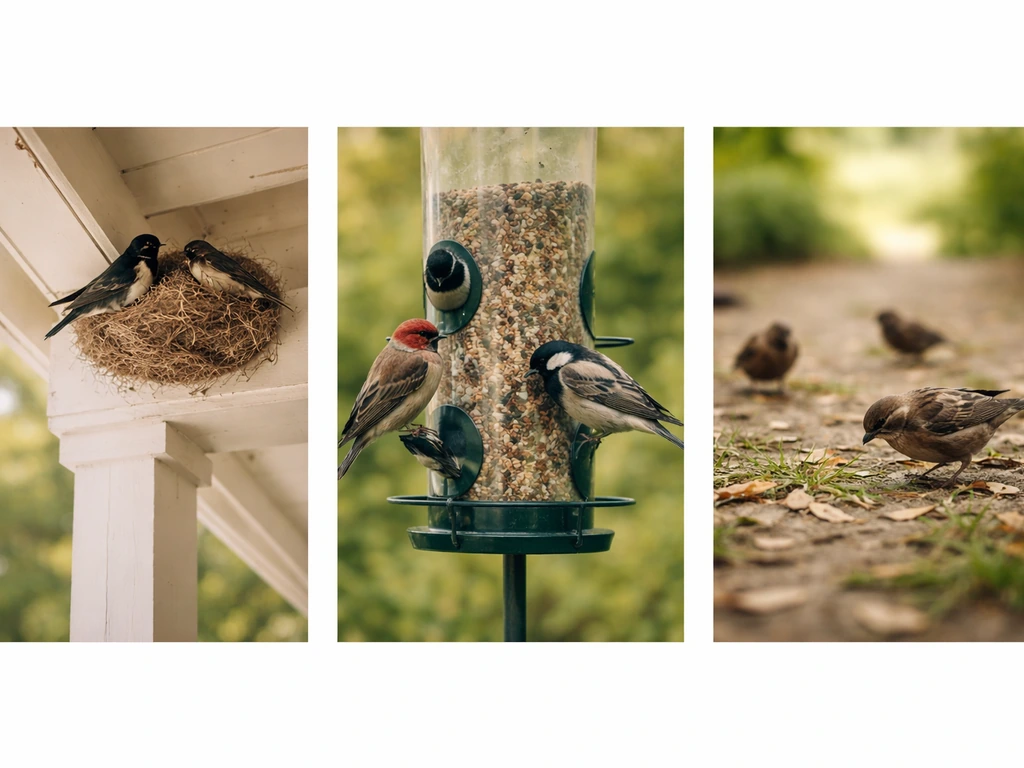 Three photo tiles showing birds nesting near a building, birds at a feeder, and birds foraging on the ground.