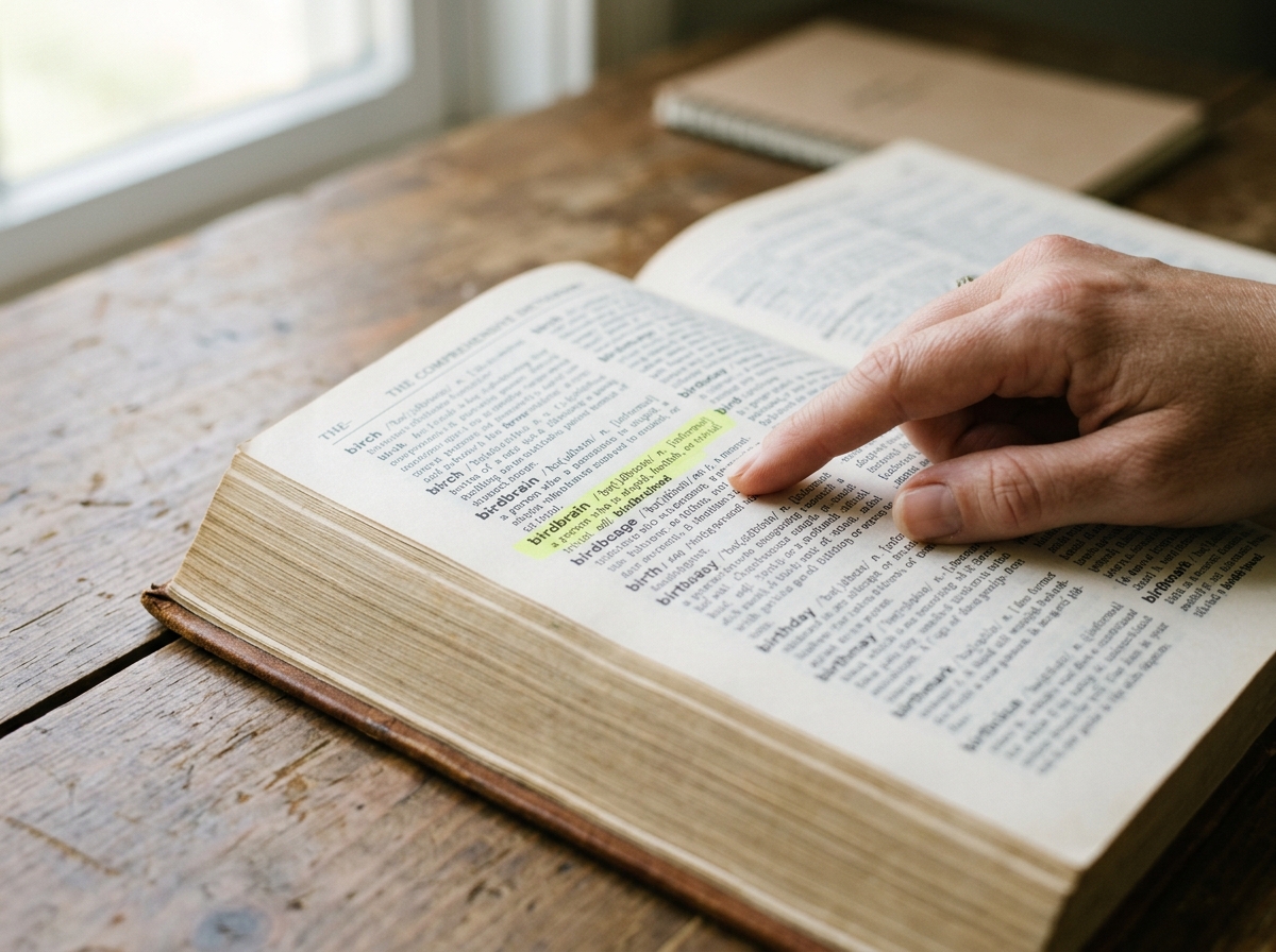 Open dictionary showing the 'birdbrain' slang definition for a stupid person.