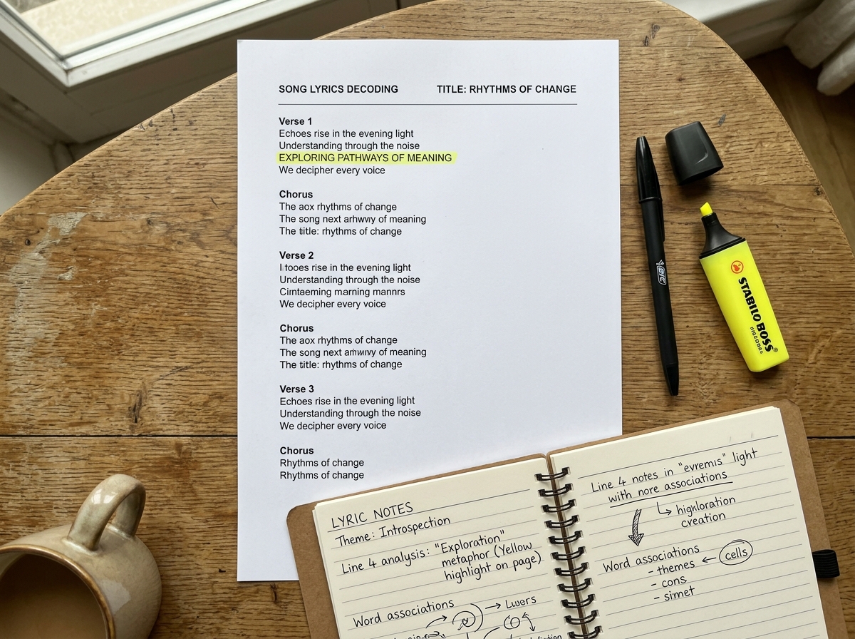 Highlighter and notes over lyrics to demonstrate decoding a single phrase in context.