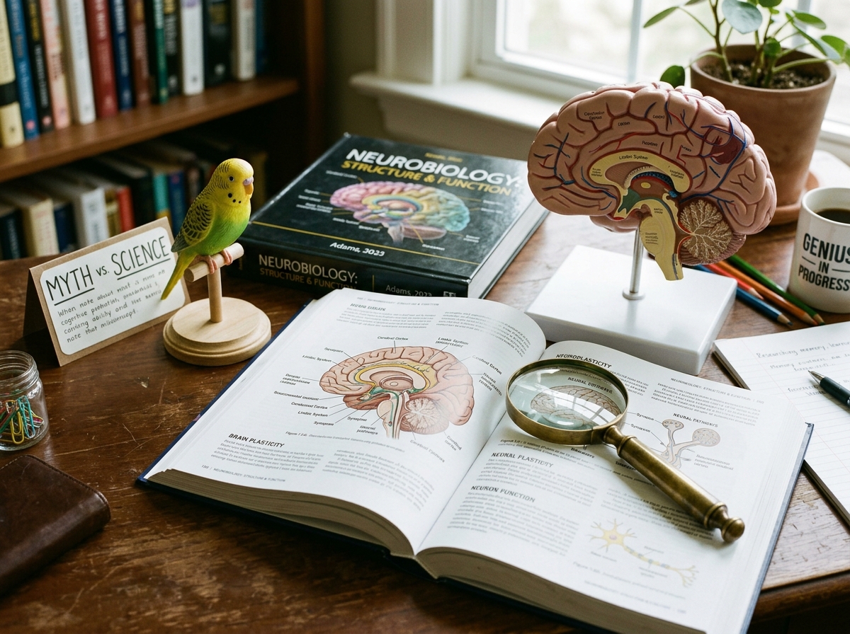 Brain anatomy materials with a small bird figure to debunk the 'bird brain' myth.