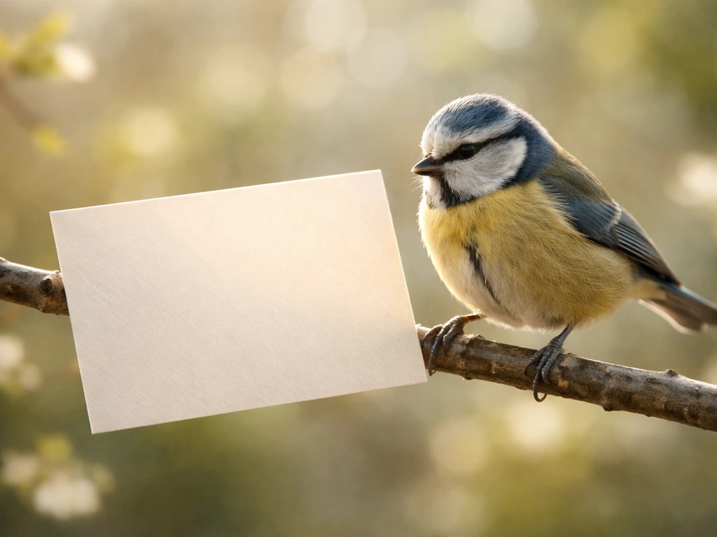 Small bird perched beside a blank letter card, suggesting decoding meanings from a bird plus letter