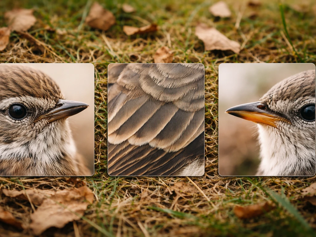Close-up of three bird feather and beak detail photos on a simple natural background for species-level identification