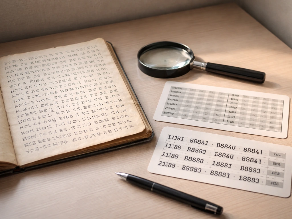 Close-up of a study desk with an aviation code card, aircraft registration-style cards, and a vintage cipher sheet