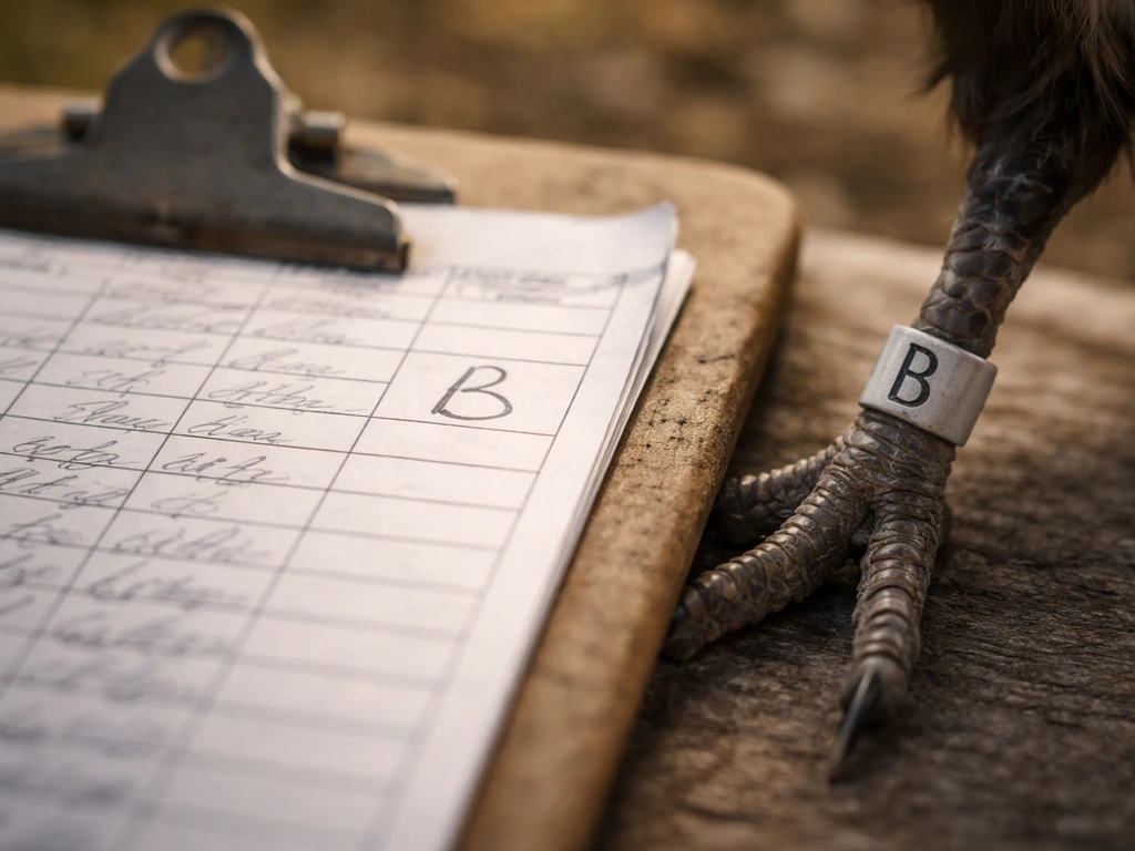 Close-up of a handwritten field log entry with a bird leg tag area showing a clear letter identifier