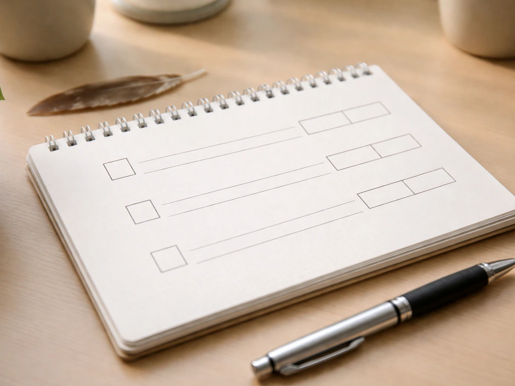 Notebook checklist with checkboxes for real-world, dream, and code next to a pen and blank fields.