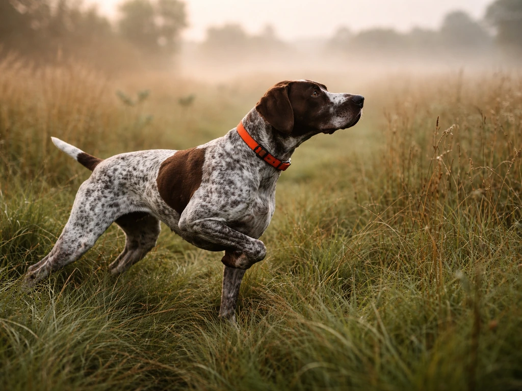 A hunting bird dog in a rigid pointing stance in a grassy field at dawn, game birds nearby.