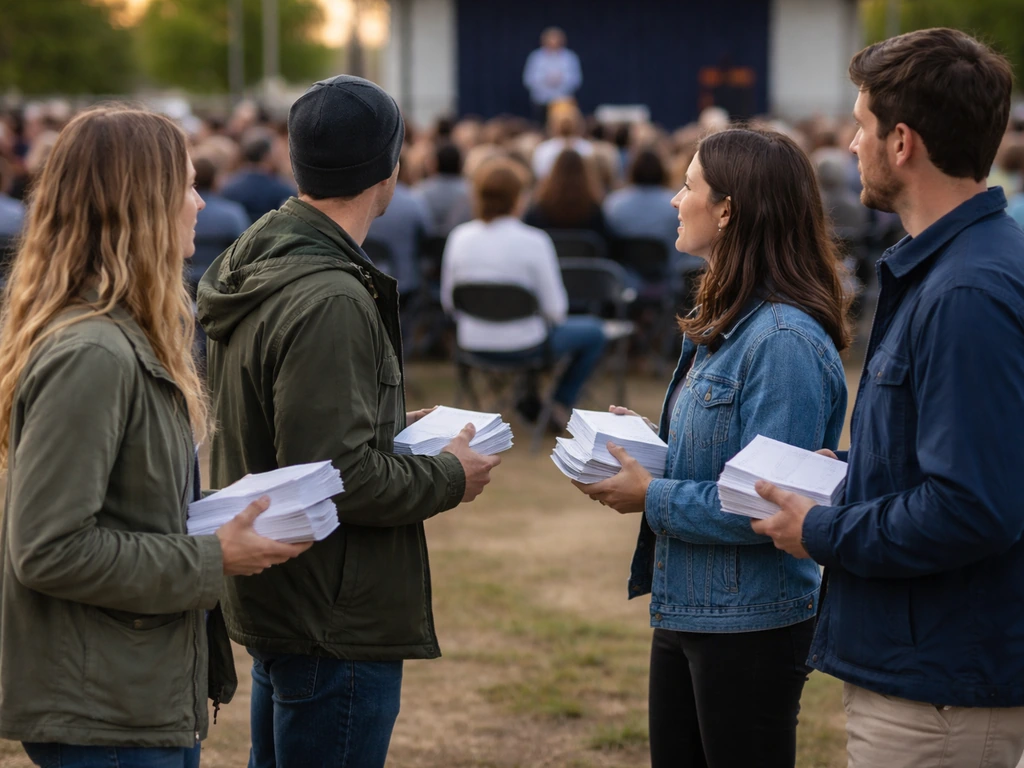 Volunteers in a rally crowd hold issue flyers during an election-cycle town hall