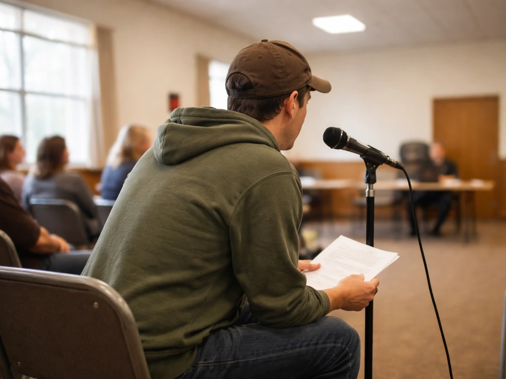 Activist at a small community town hall holding papers, asking a question from a seat.