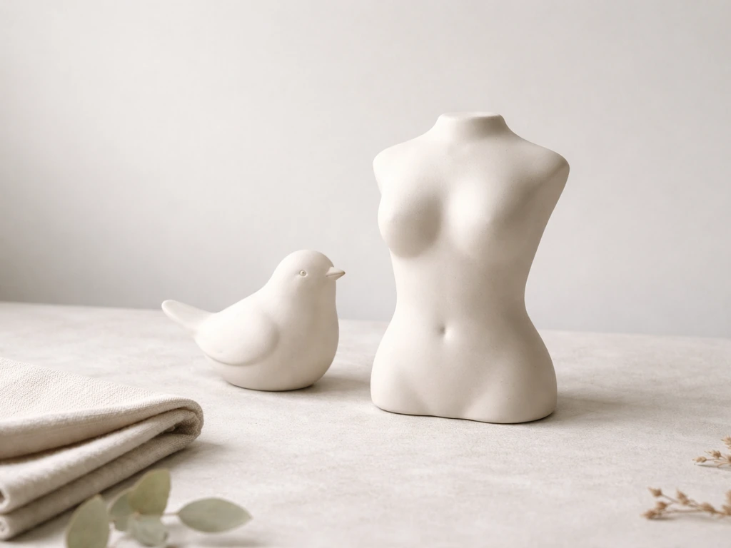 Minimal still life: small bird figurine beside an abstract chest-shaped sculpture on a neutral background.