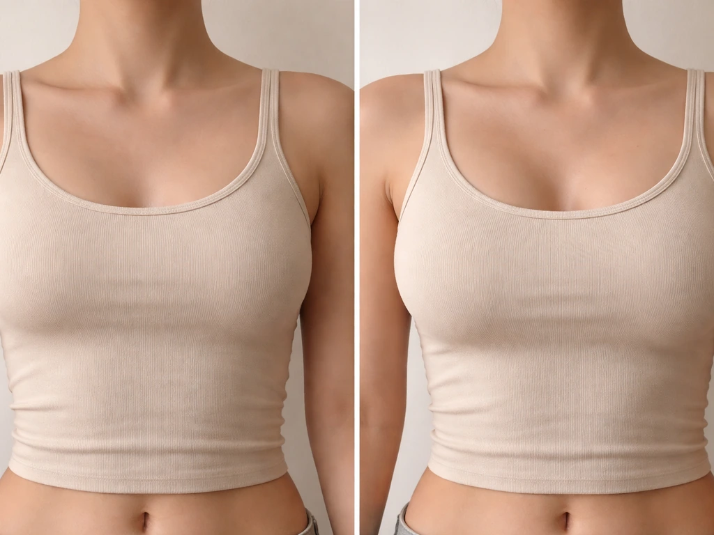 Two anonymous torsos in an uncluttered studio: one narrow/flat chest, one fuller chest, side-by-side comparison.