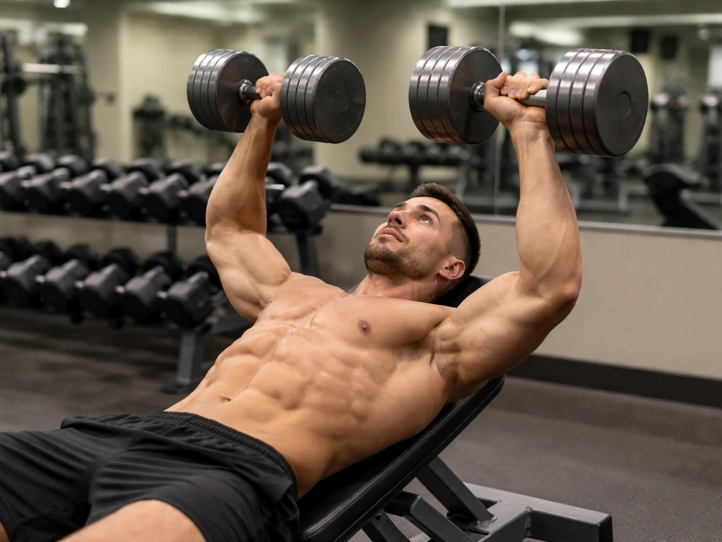 Anonymous person doing dumbbell bench press in a quiet gym, focused on chest development.