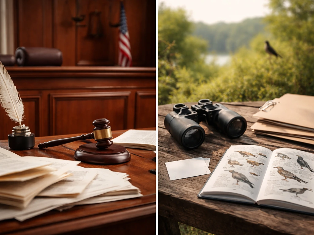Minimal split image: gavel and papers on one side, bird field guide and binoculars on the other.