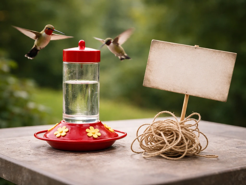 Close-up of a hummingbird feeder setup with a playful, chaotic twine knot beside it.