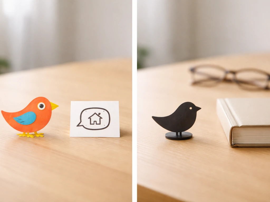 Minimal desk scene with two bird-themed elements—one playful imagination icon, one formal law symbol—no text.