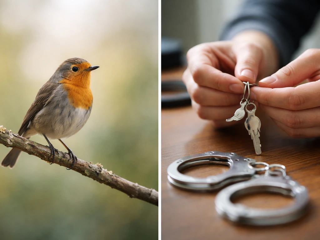 Split scene: a small bird on a twig vs handcuffs and keys on a table.