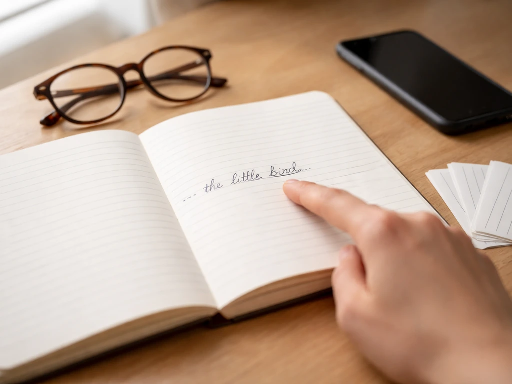 Desk with an open notebook containing a sentence with “bird,” eyeglasses, and index cards, under natural light.
