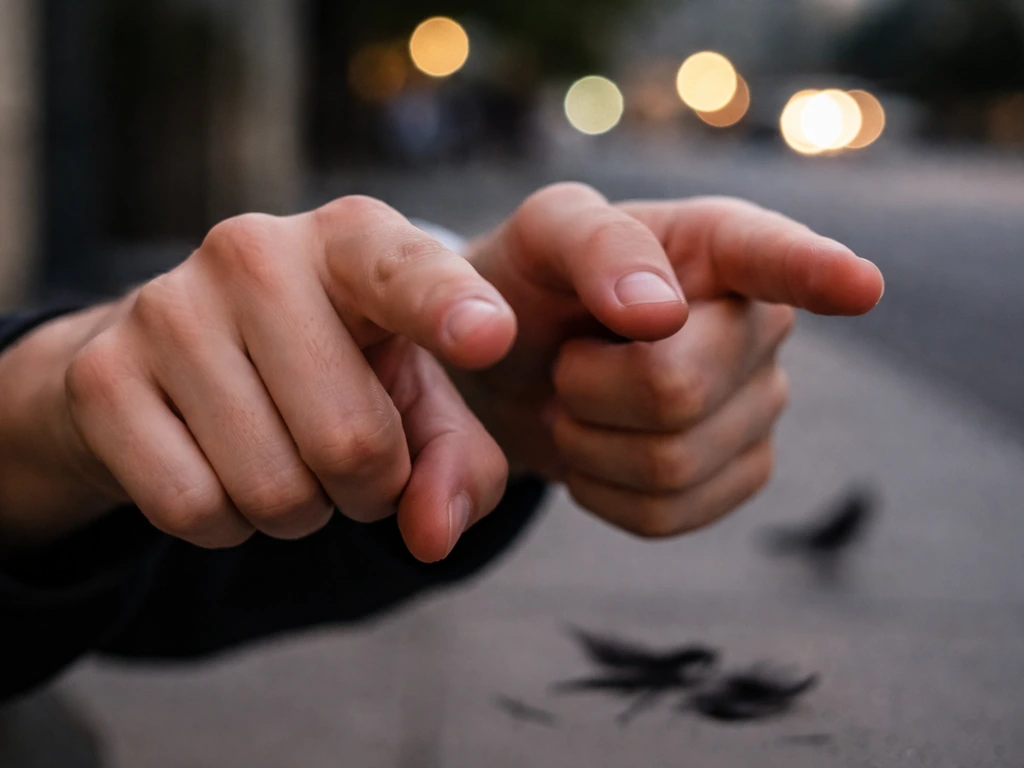 Hands make a forward pecking/jabbing gesture beside subtle small urban bird feathers and silhouette.