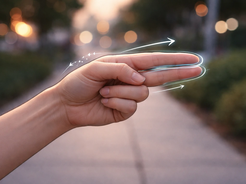Hand gesture mid-speech with fingers bunched, forward-pointing and jabbing motion in minimal urban light.