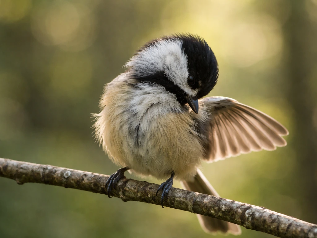 Small songbird perched on a branch preening its chest feathers in a gesture-like pose.