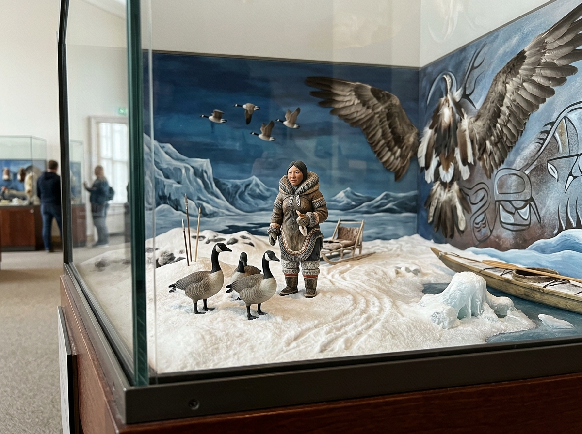 Museum diorama showing Inuit goose-wife motif with geese and a winter scene.
