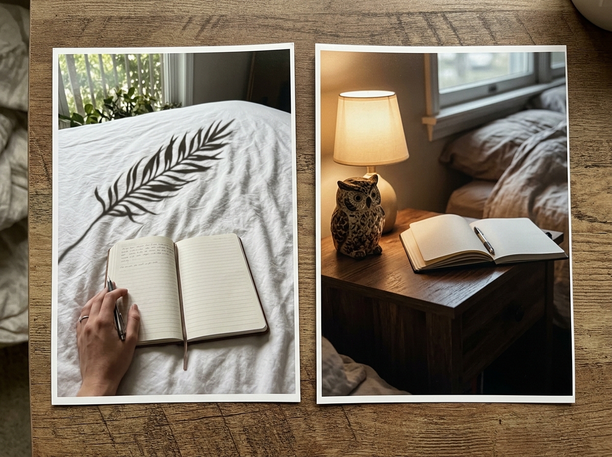 Tabletop comparison of dream symbols: feather shadow and owl figurine with a notebook.