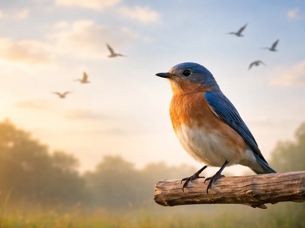 A bird perched on a branch with faint distant bird silhouettes in a soft morning sky.
