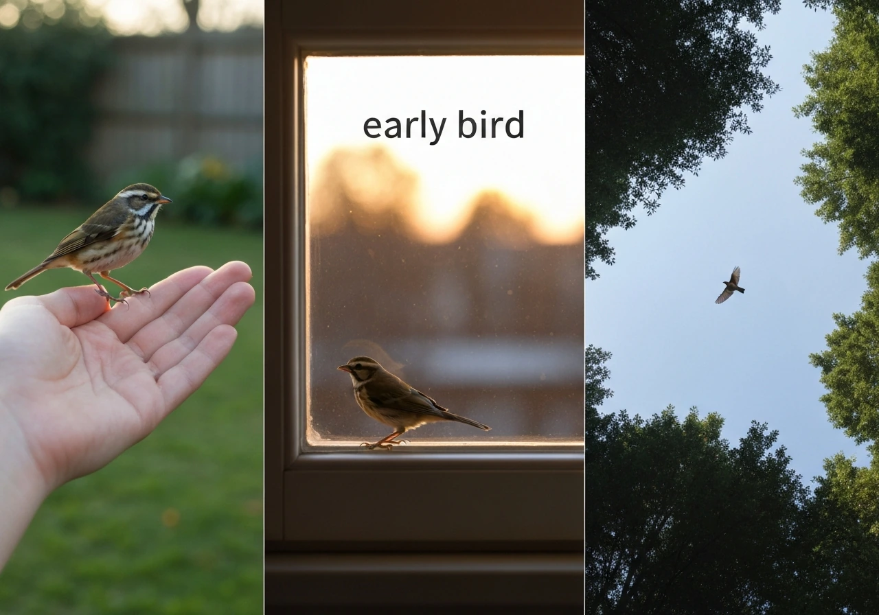 Three close-up moments: a bird on a hand, an early-morning bird by a window, and an aerial view over trees.