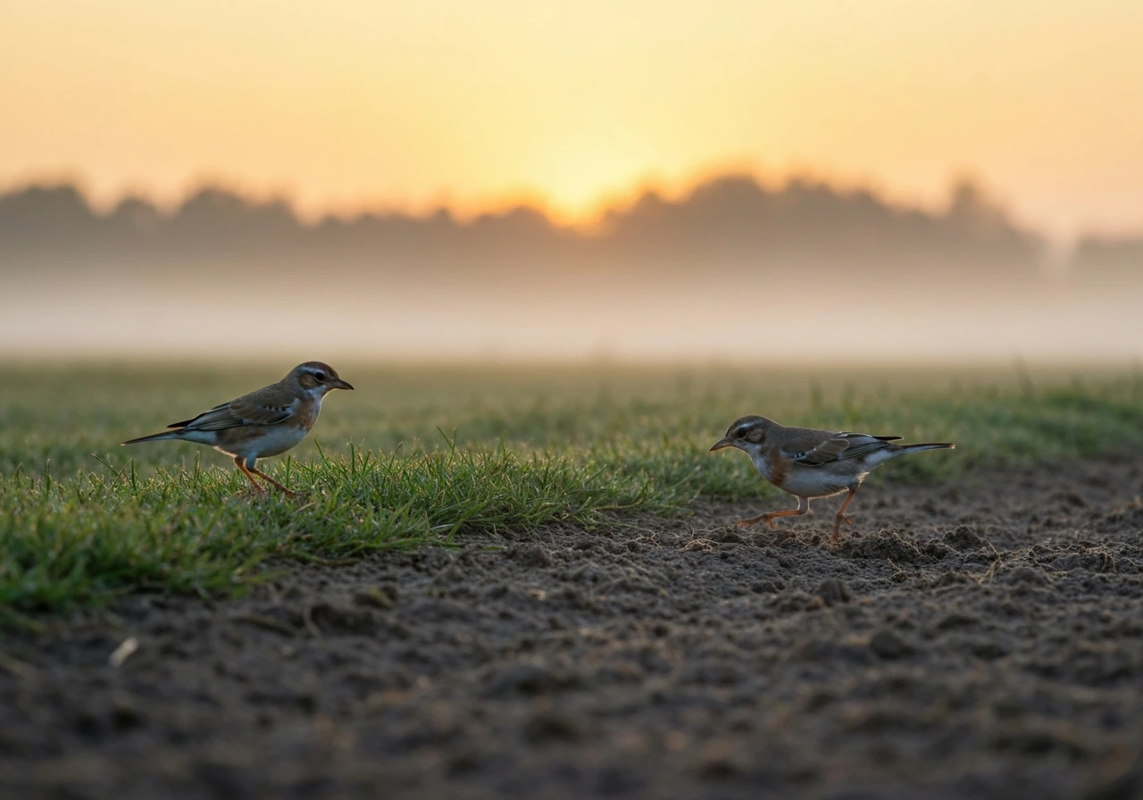 Small bird hunting for food at sunrise in a quiet misty field.