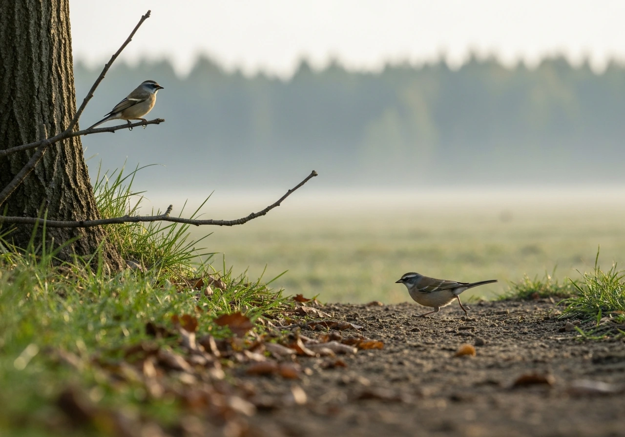 Two small birds in a simple forest edge scene, one perched and one foraging on the ground.