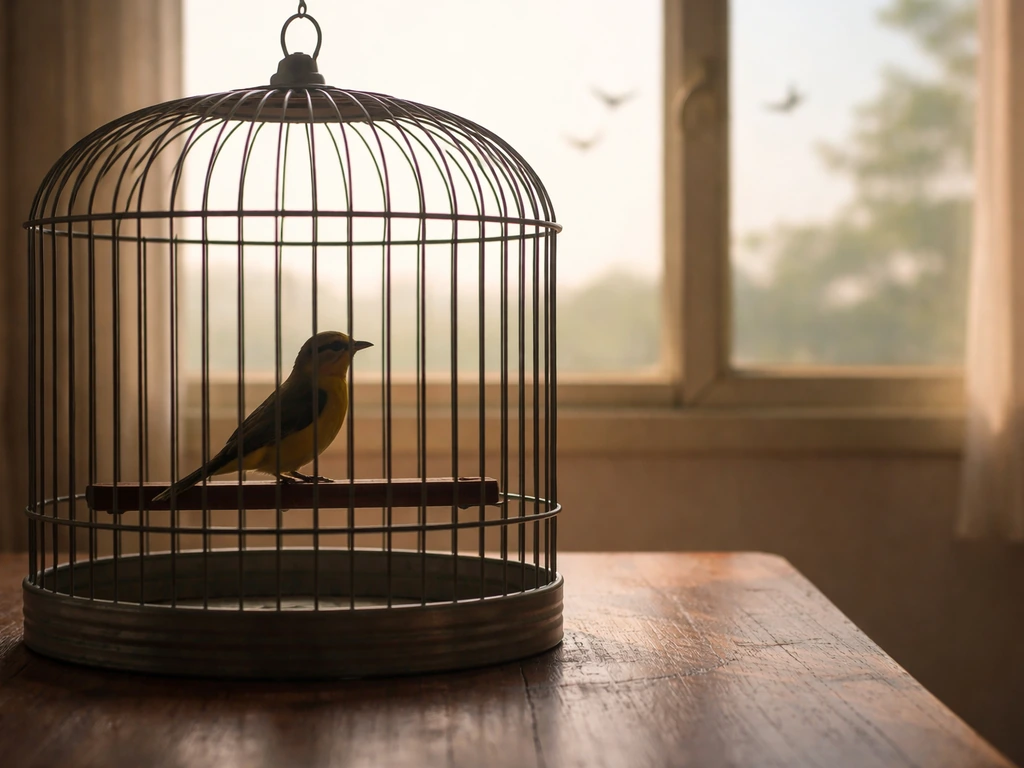 A small caged bird beside an open window with soft morning light, symbolic and calm