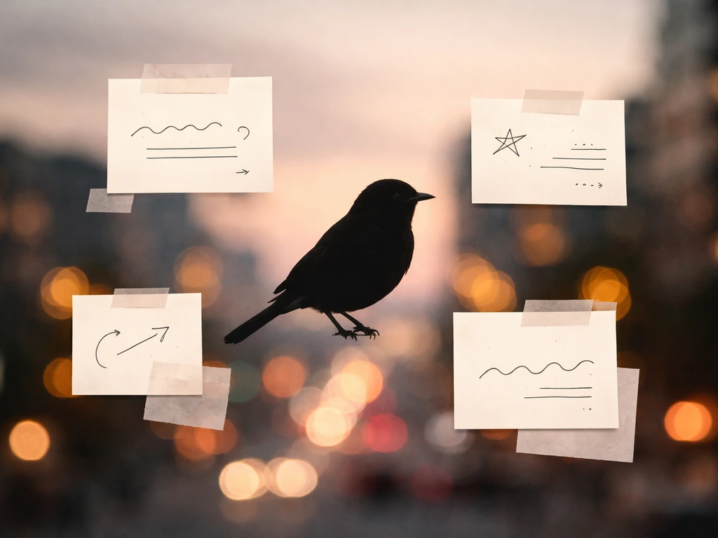 Realistic bird silhouette with abstract sticky notes and symbol-like tags in a minimal collage.