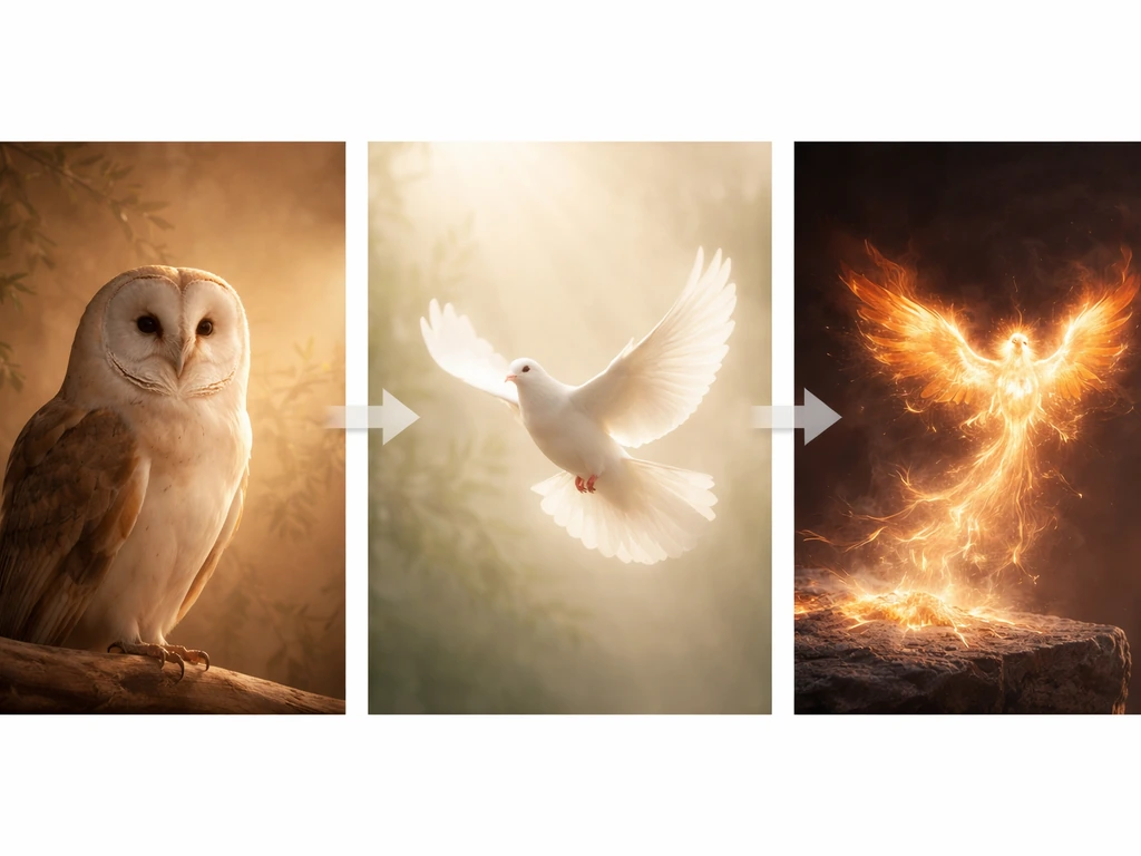 Minimal photo collage of symbolic birds—owl, dove, phoenix—connected by subtle arrows on neutral background