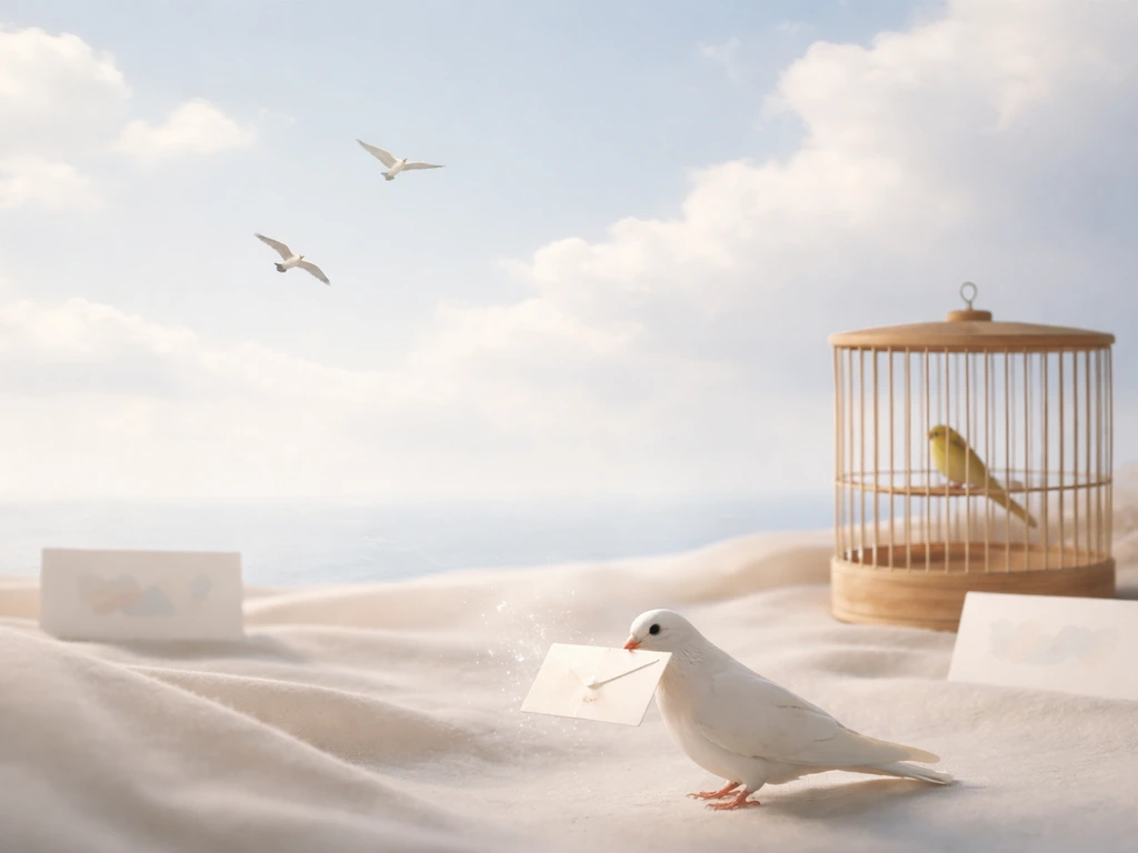 Surreal dream scene with free birds in the sky, a caged bird, and a bird releasing a glowing message-like shimmer.