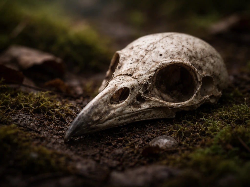 Weathered bird skull nestled in mossy earth, close-up with softly blurred forest floor background.