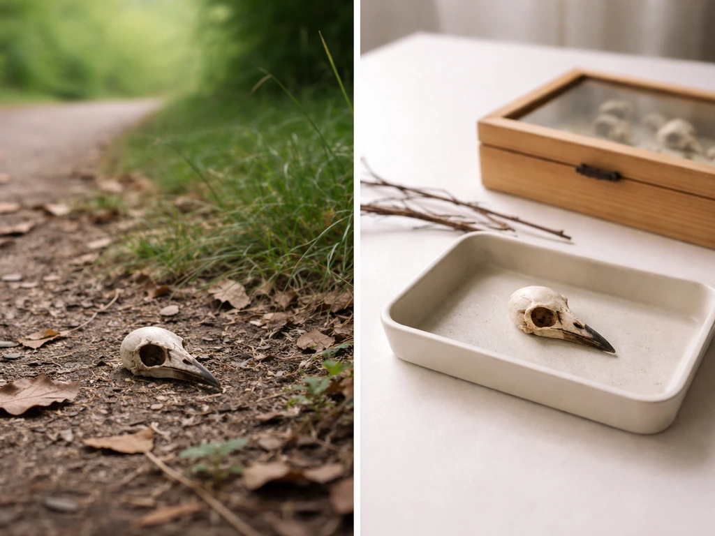 Bird skull outdoors next to a collector’s tray setup, illustrating why people search for its meaning.