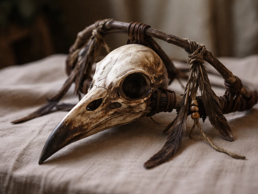 Close-up of a bird skull mask attached to a headdress, posed in a ceremonial setting.