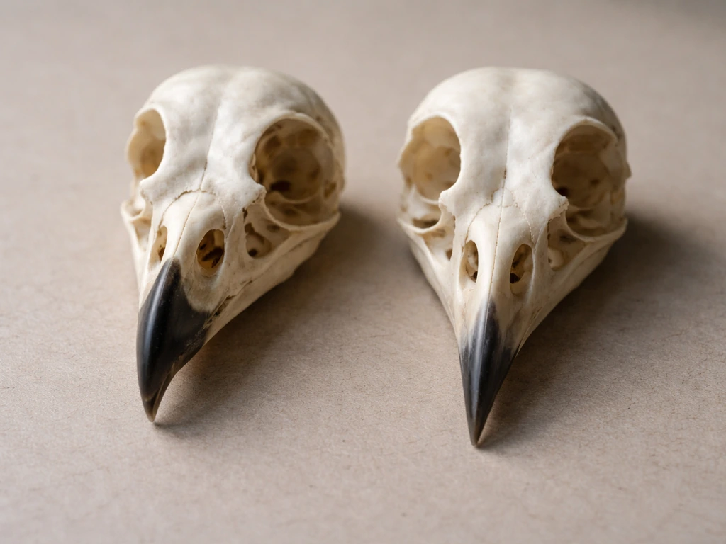 Close-up of two bird skull beaks side by side, highlighting hooked raptor vs other beak shapes