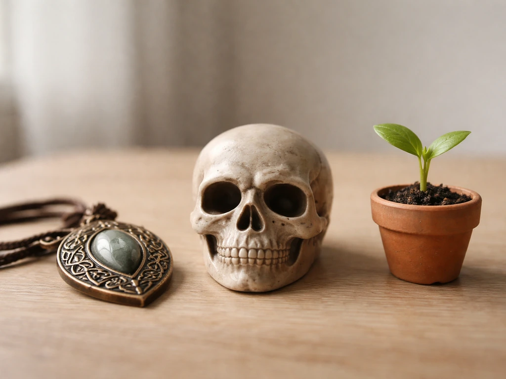Minimal tabletop scene: skull figurine with protective amulet and small sprouting plant symbols, no text.