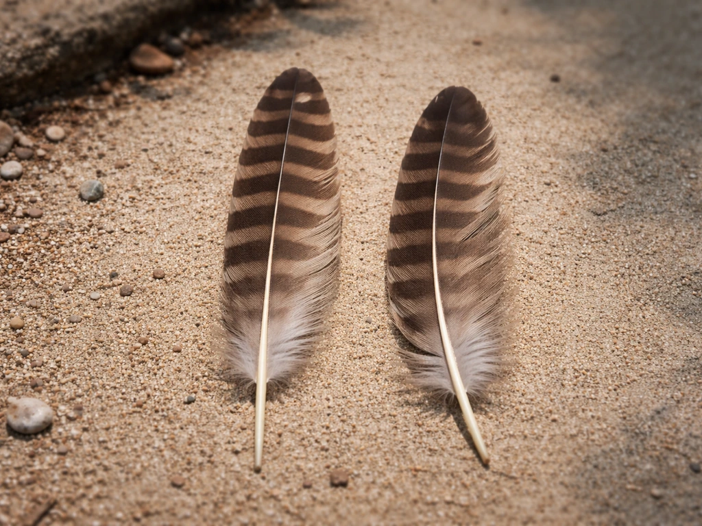 Close-up of a single feather with clear shaft, vane pattern, and a small outdoor ground context beside it