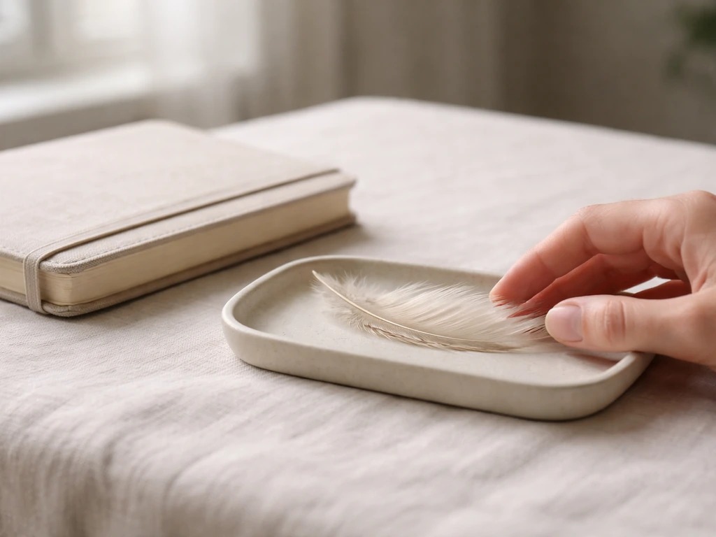 A feather gently held on a small tray next to a notebook on a clean cloth in soft natural light.