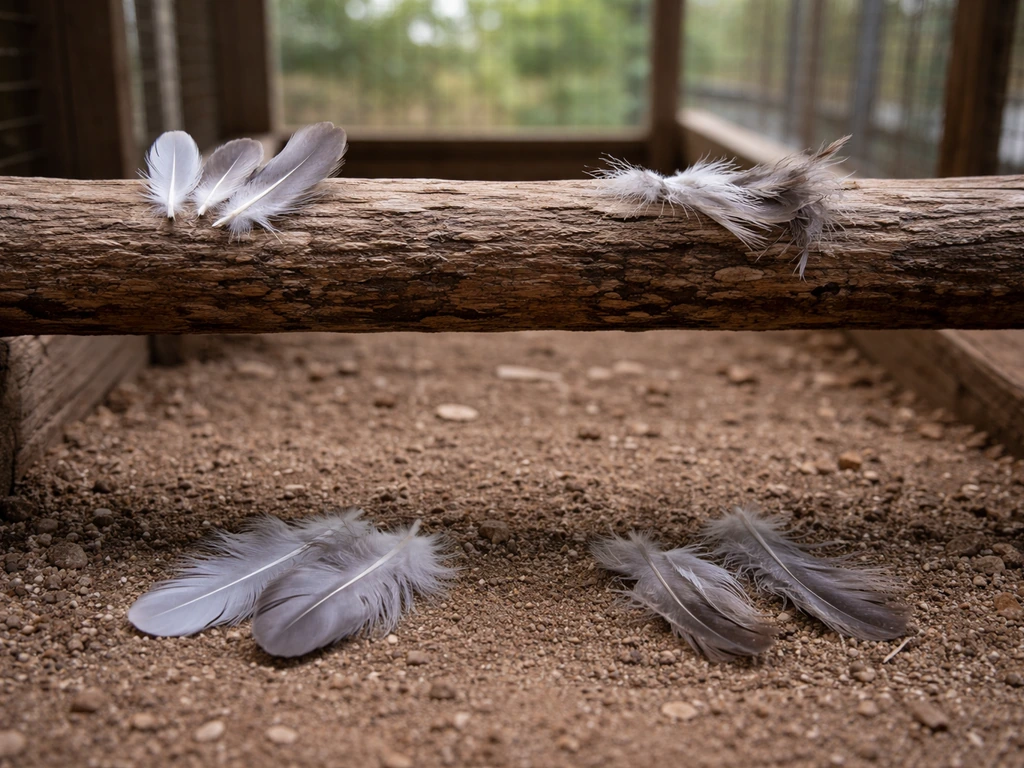 Scattered bird feathers on a wooden perch beside an enclosure, showing fresh and worn feather conditions.