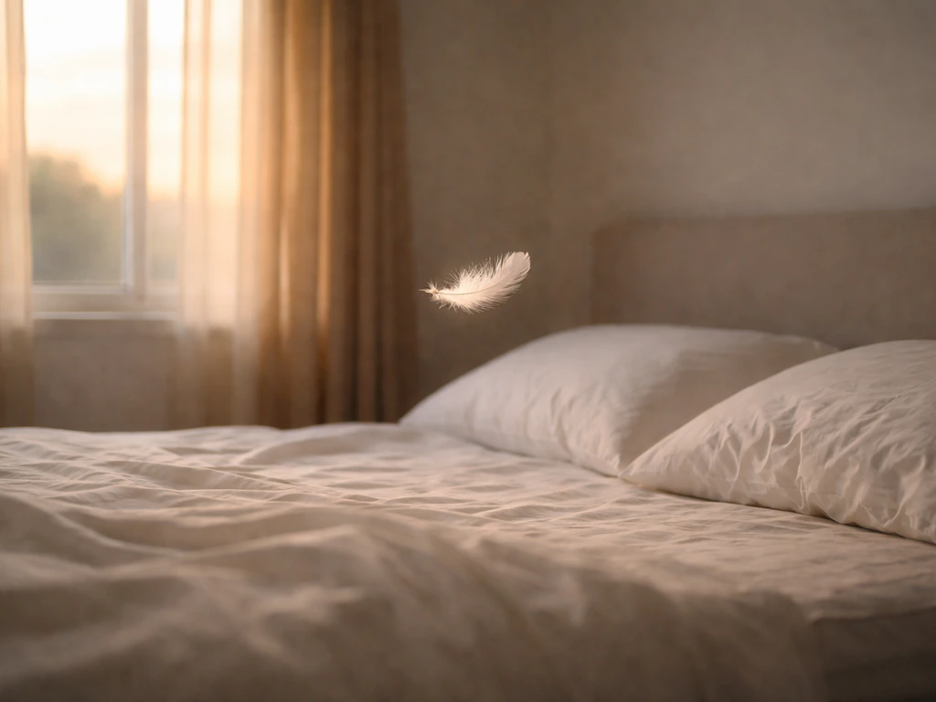 A single white feather floats above a neatly made bed in soft morning light.