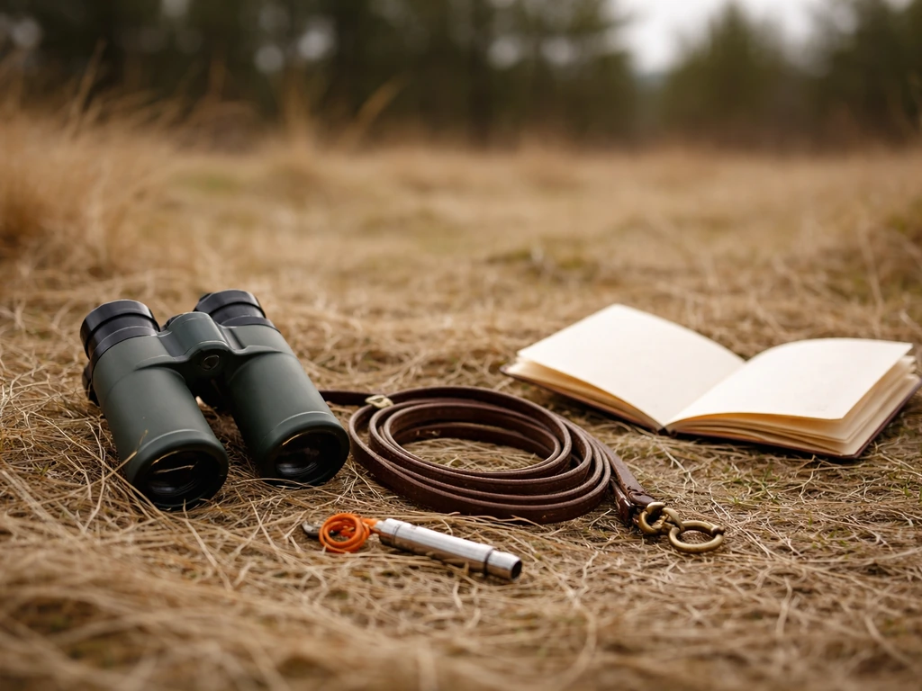 Binoculars, training whistle, and coiled lead beside a blank field-notes notebook in dry grass.