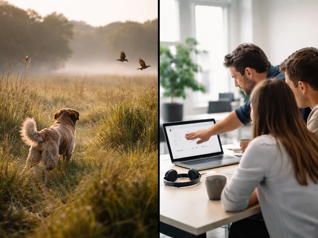 Split image: hunting gundog flushing birds on the left, business people tracking leads on the right.
