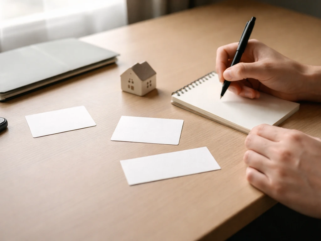 Minimal desk scene with a pen and notebook showing three small, blank callout cards for decoding meaning.