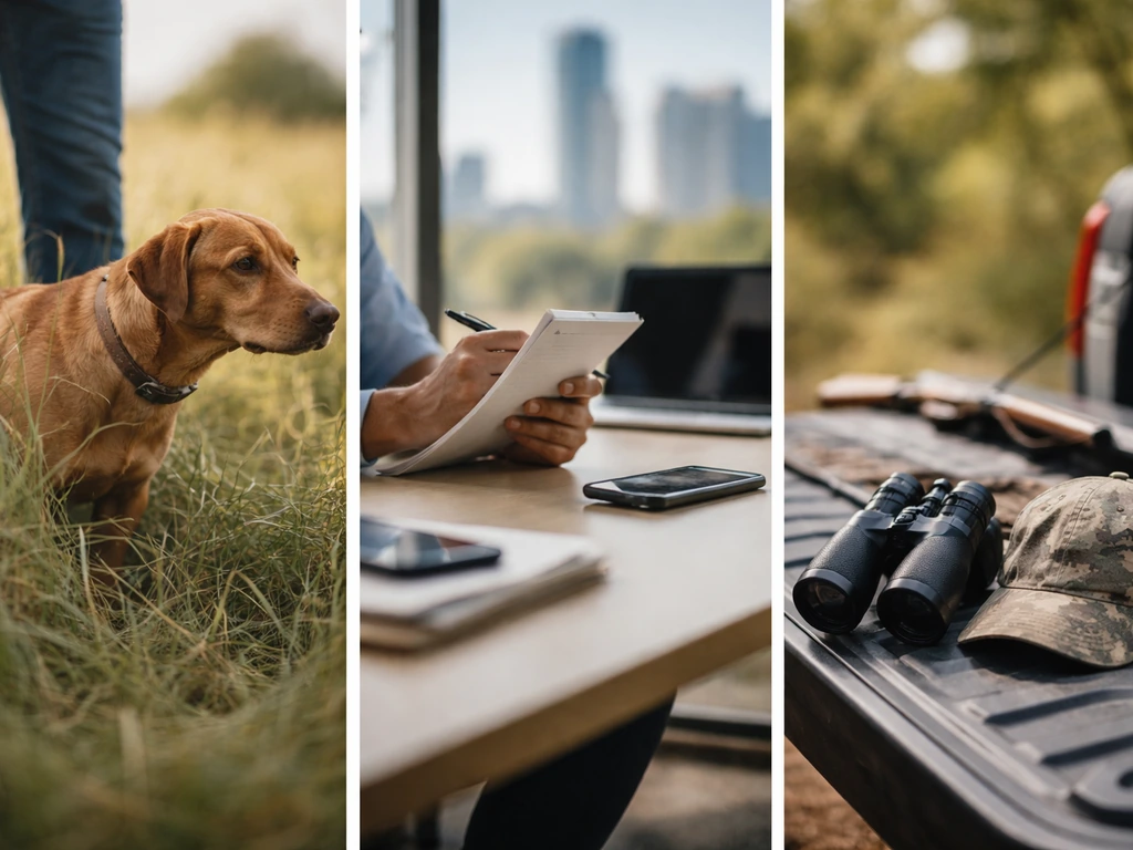 Three contrasting scenes showing bird dog hunting training, and a recruiter scouting vibe—no text.