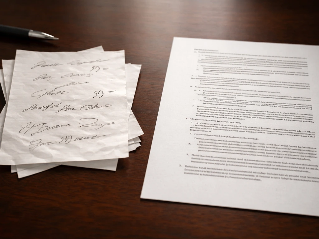 Close-up of messy handwritten quote notes beside crisp printed statutory text on a desk