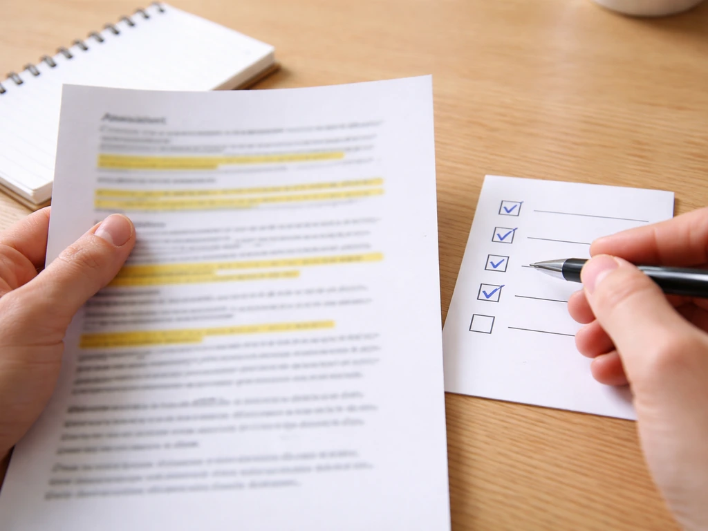 Close-up of hands using a checklist and highlighting text on a printed page and notebook