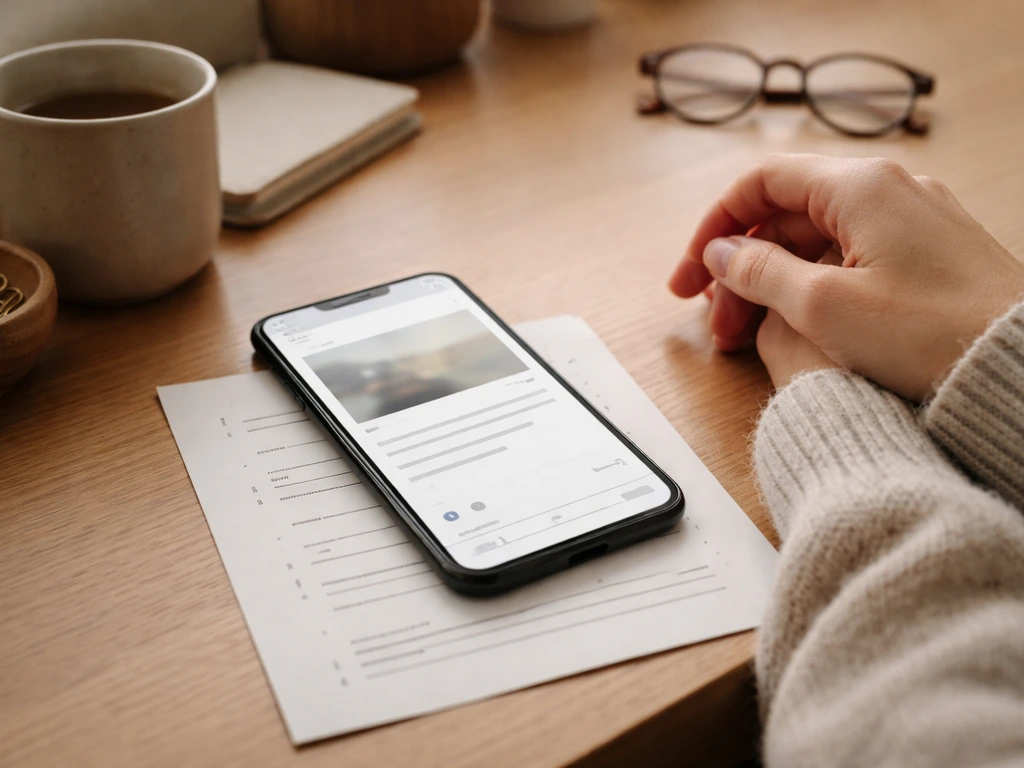 Minimal desk scene with a smartphone showing a generic social media post draft and a citation-style handle